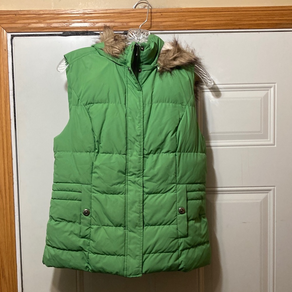 Green‎ Quilted Faux Fur Trim Puffer Vest S